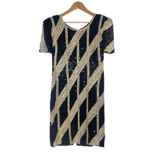 Nadine Boutique Dress Womens Large Silk Beaded Black Sheath Party Cocktail